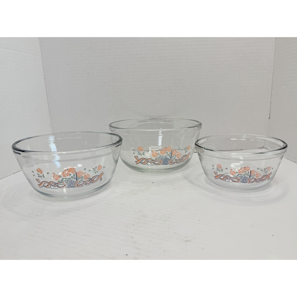 Vintage 1989 Anchor Hocking Rose Basket Nesting Mixing Bowls Set of 3